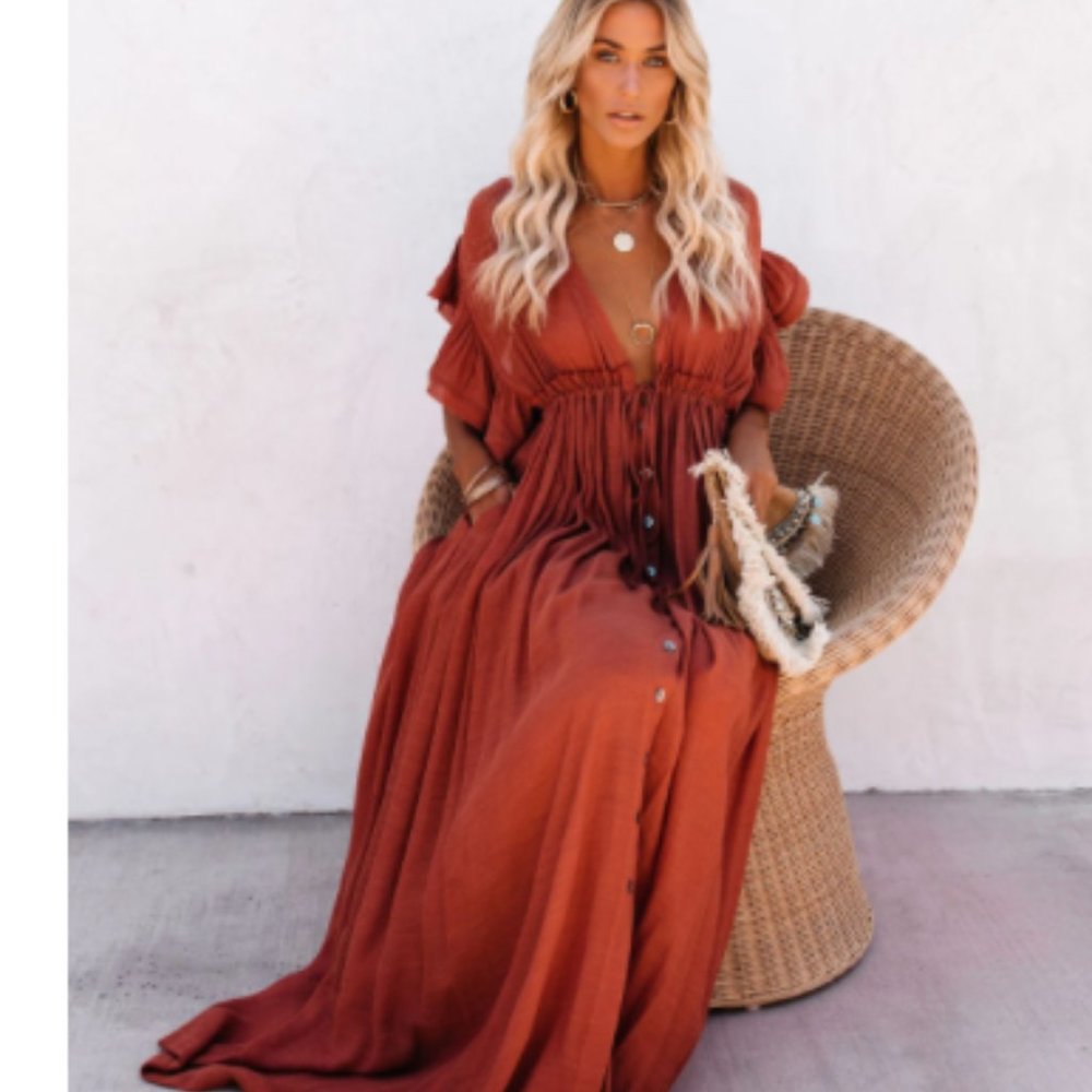 ABERDINE Pocketed Button Front Maxi Dress
